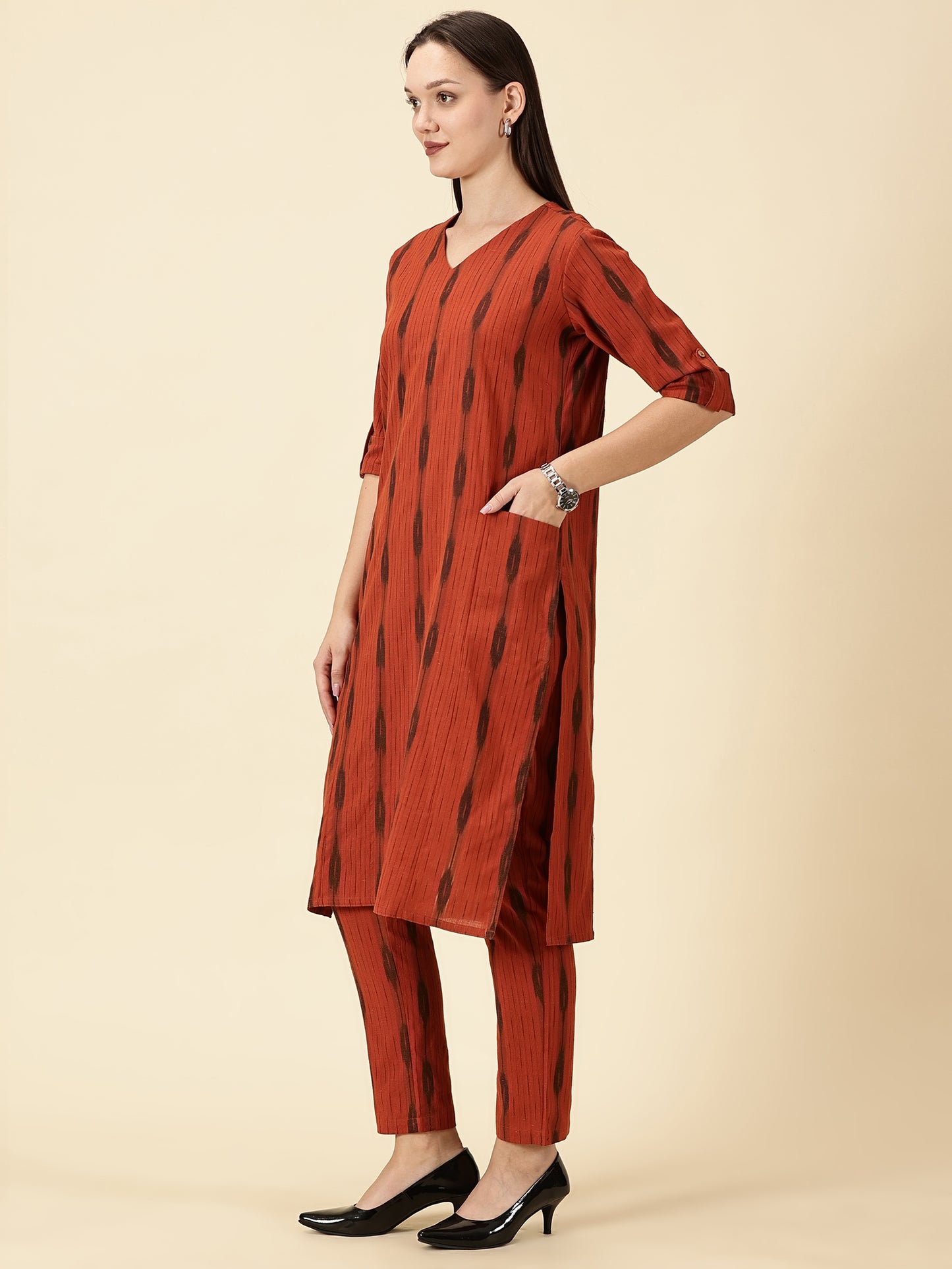 Kurta Cords-Tan Brown Handwoven Ikat