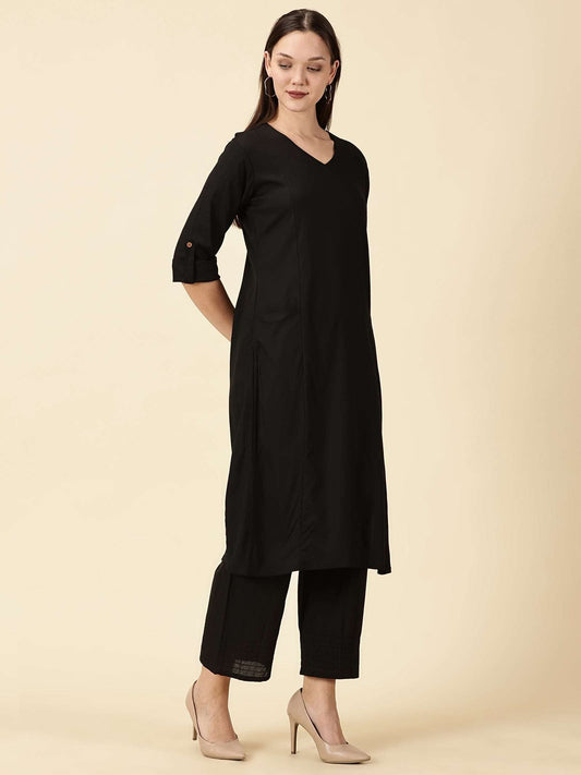 Black Cotton Viscose Lycra Kurta - Classic Workwear Edits