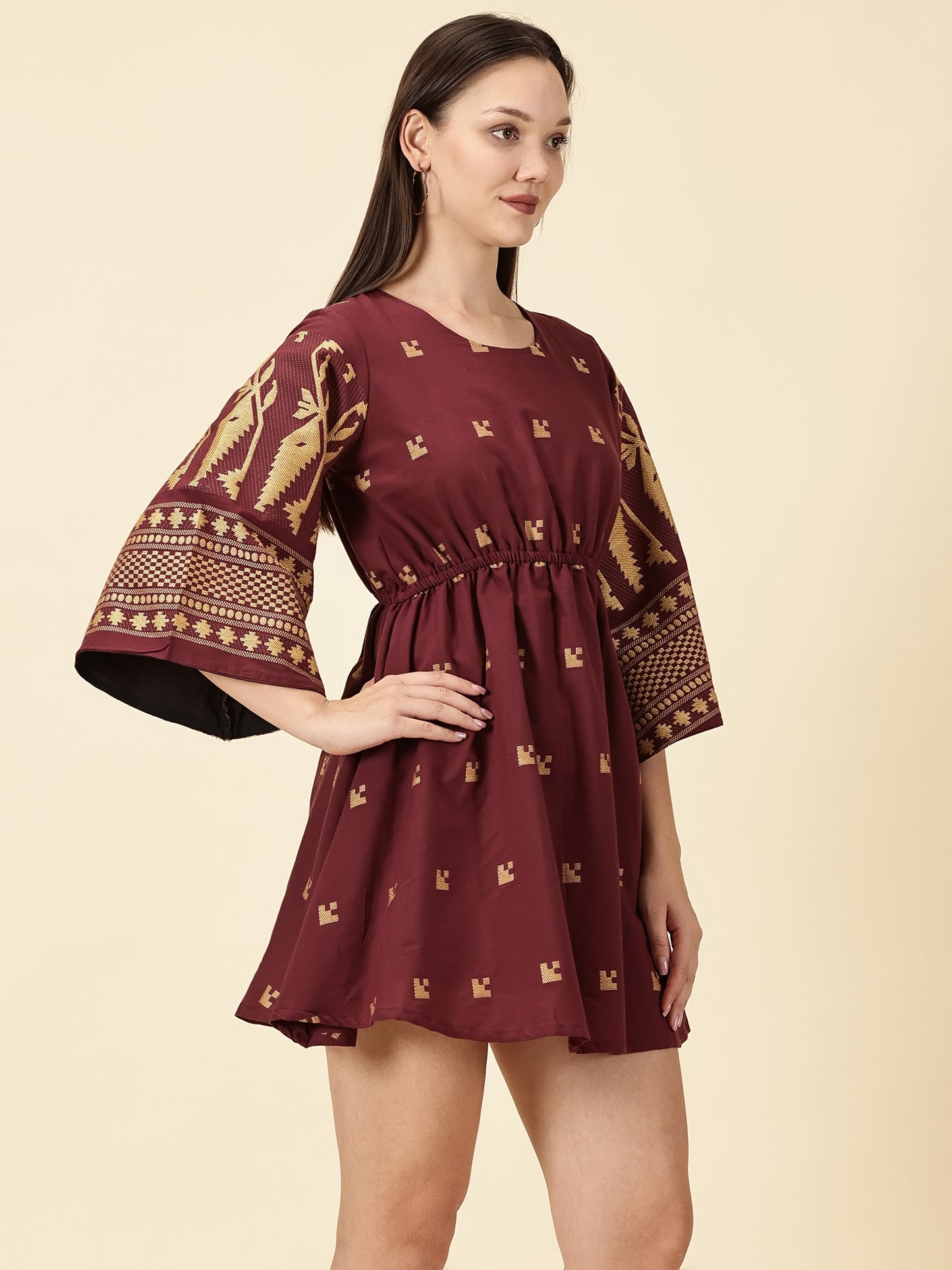 Bell Sleeve Jamdani Dress-Marron
