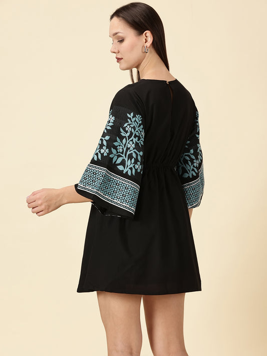 Bell Sleeve Jamdani Dress-Black