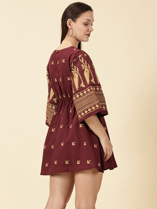Bell Sleeve Jamdani Dress-Marron