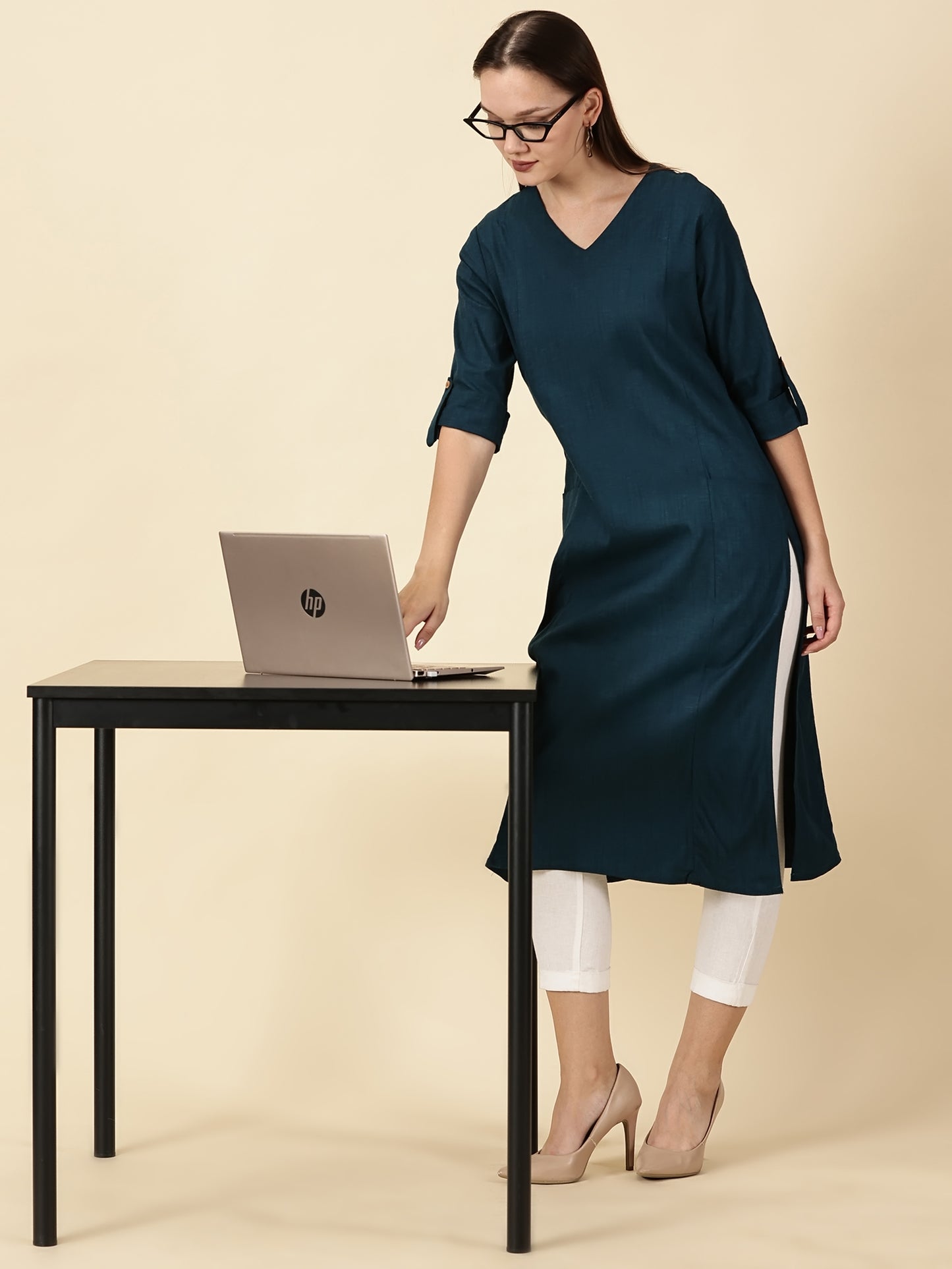 Cotton Lycra Workwear Kurta-Teal Blue