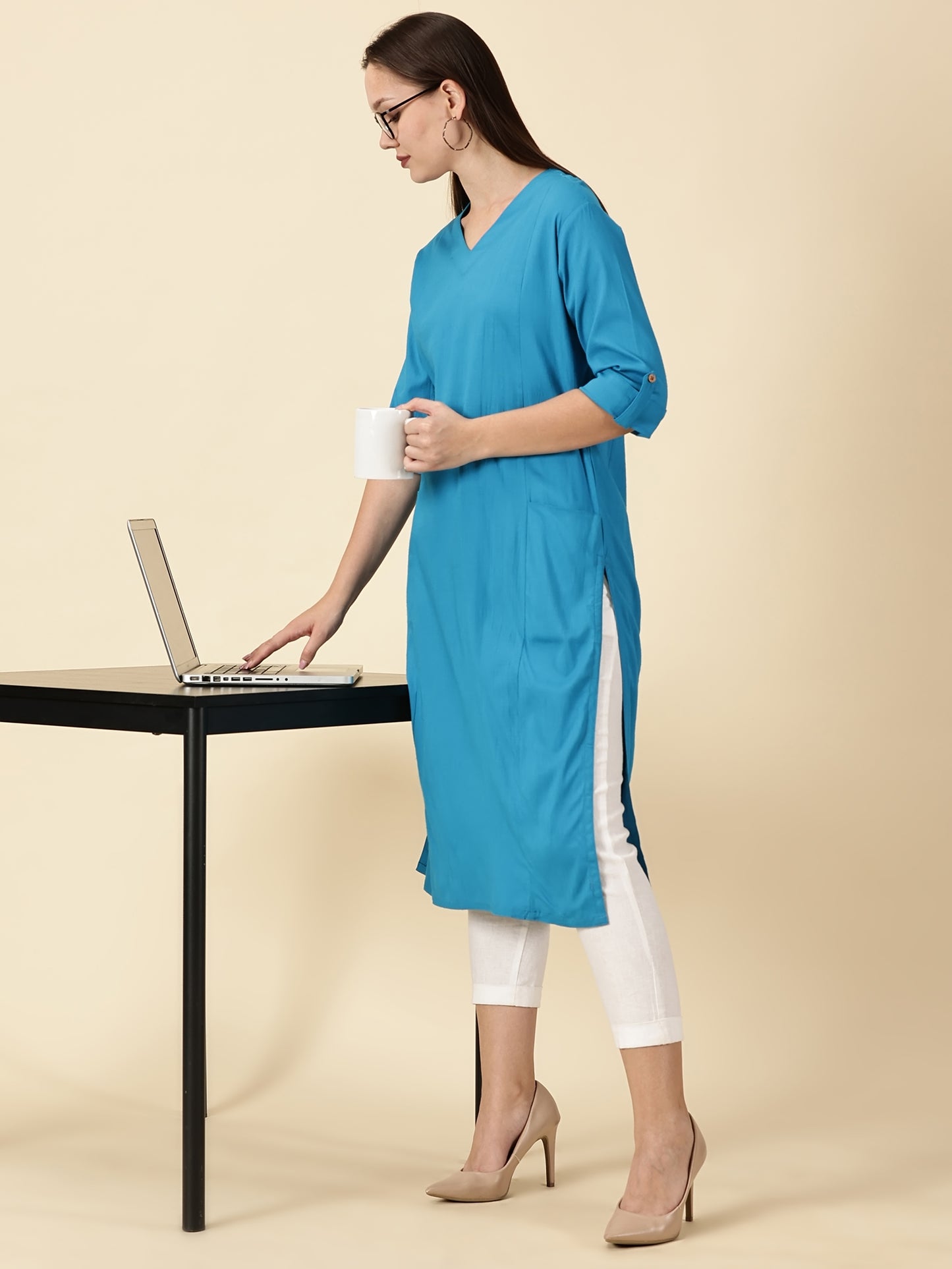 Cotton Lycra Workwear Kurta-Azure Blue