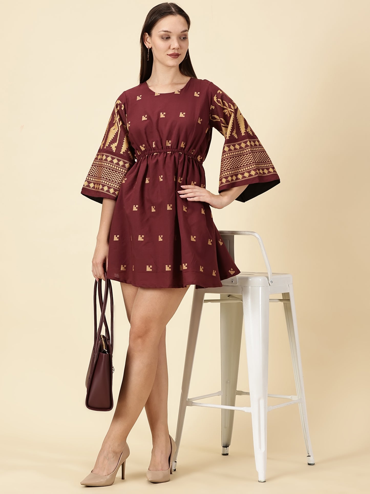 Bell Sleeve Jamdani Dress-Marron