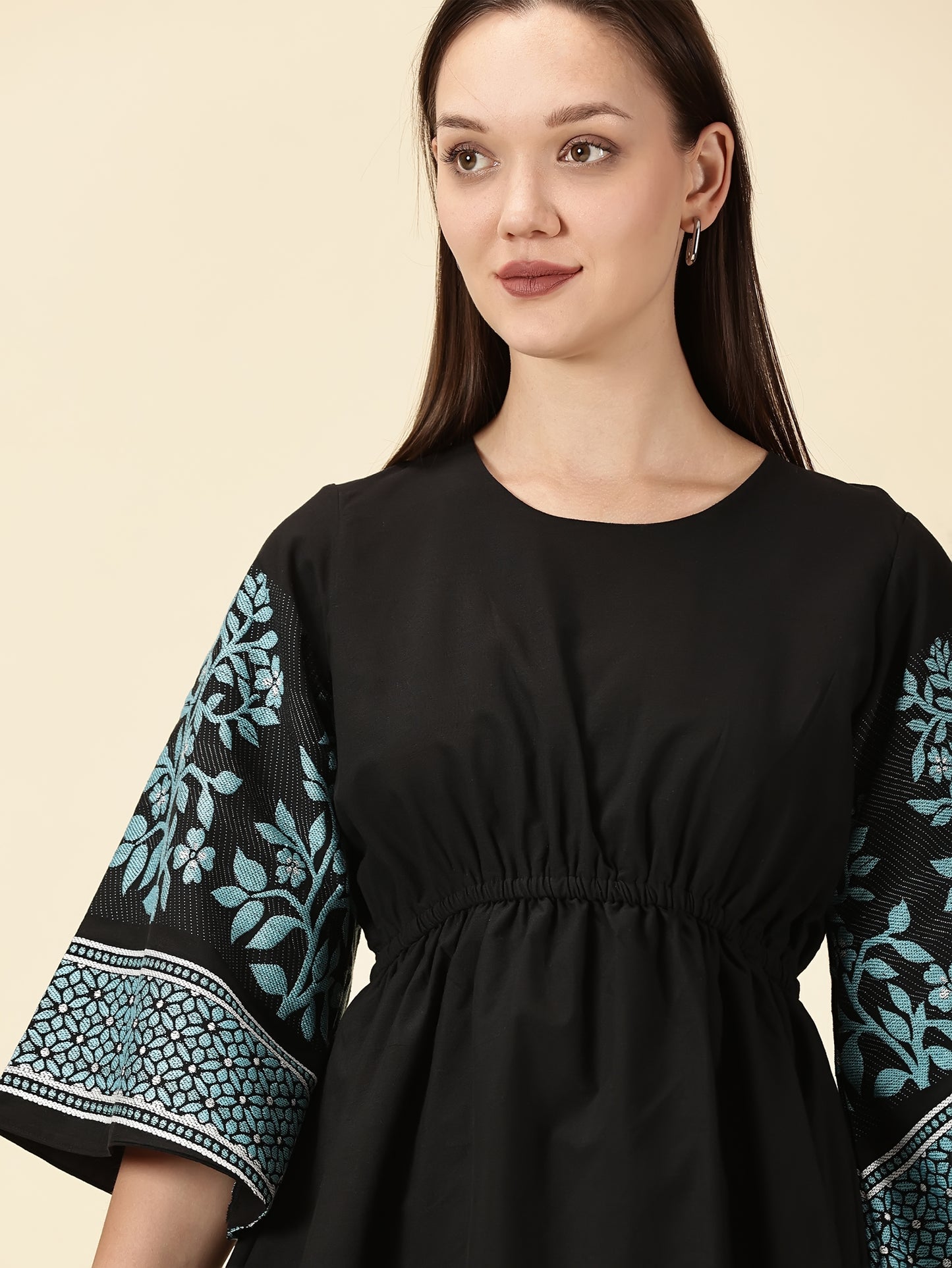 Bell Sleeve Jamdani Dress-Black