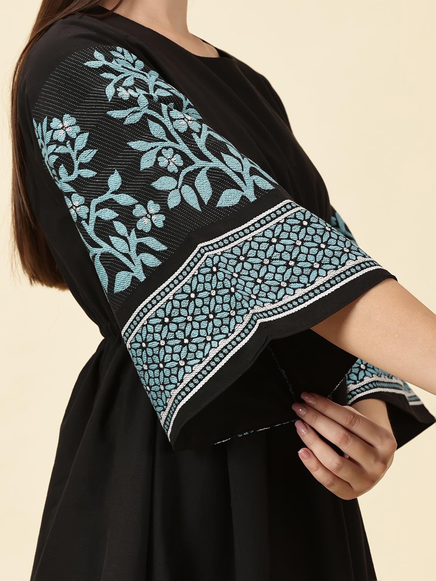Bell Sleeve Jamdani Dress-Black