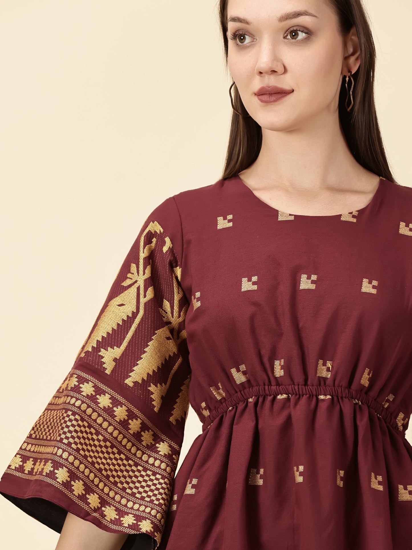 Bell Sleeve Jamdani Dress-Marron