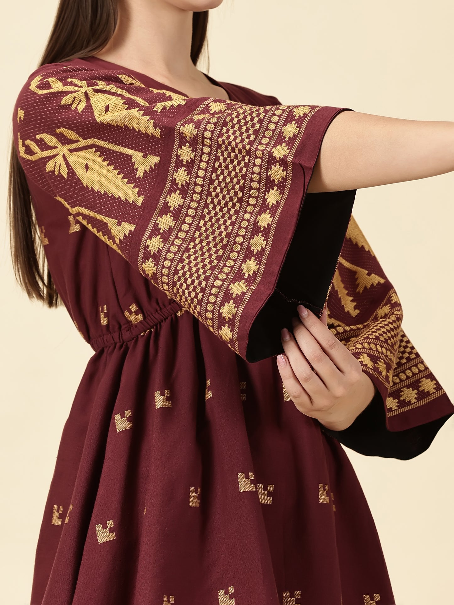 Bell Sleeve Jamdani Dress-Marron