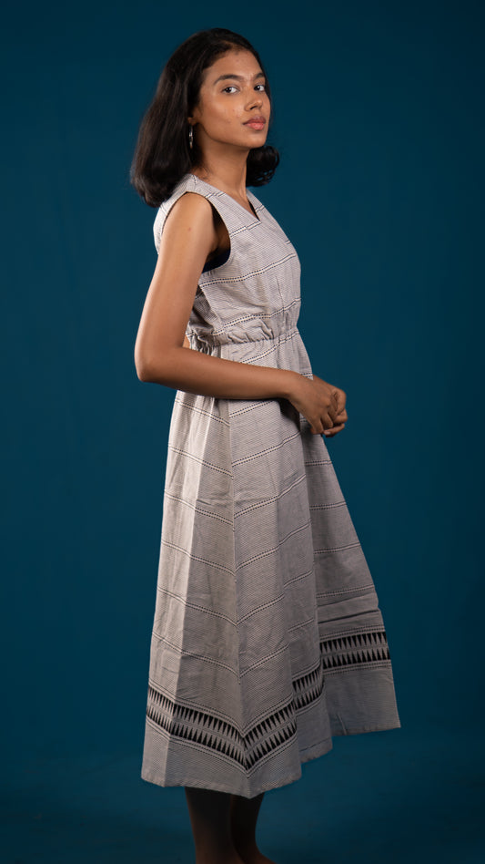 White & Black Handloom Wrap Midi Dress