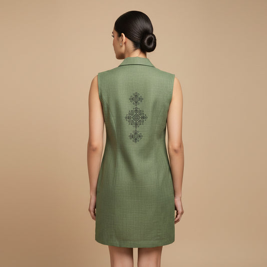 Indyvarna AAROH Heritage Motif Back-Print Overlay Shrug- GREEN