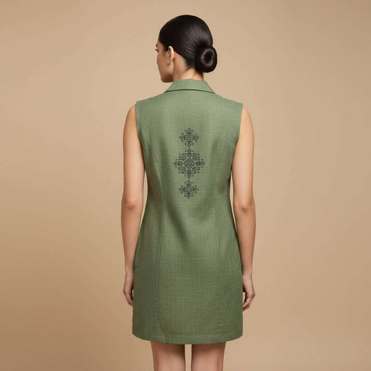 Indyvarna AAROH Heritage Motif Back-Print Overlay Shrug- GREEN