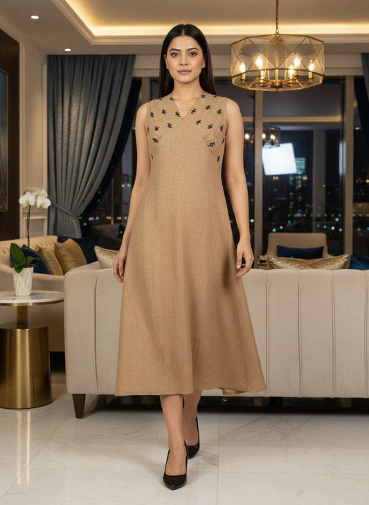 Cotton V Embroidered Midi Dress - Beige