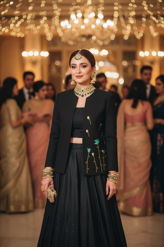 Open Front Cotton Blazer-Black Hand painted