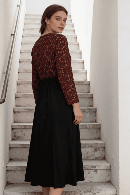 Black & Ajrak Cotton Colorblock Midi Dress