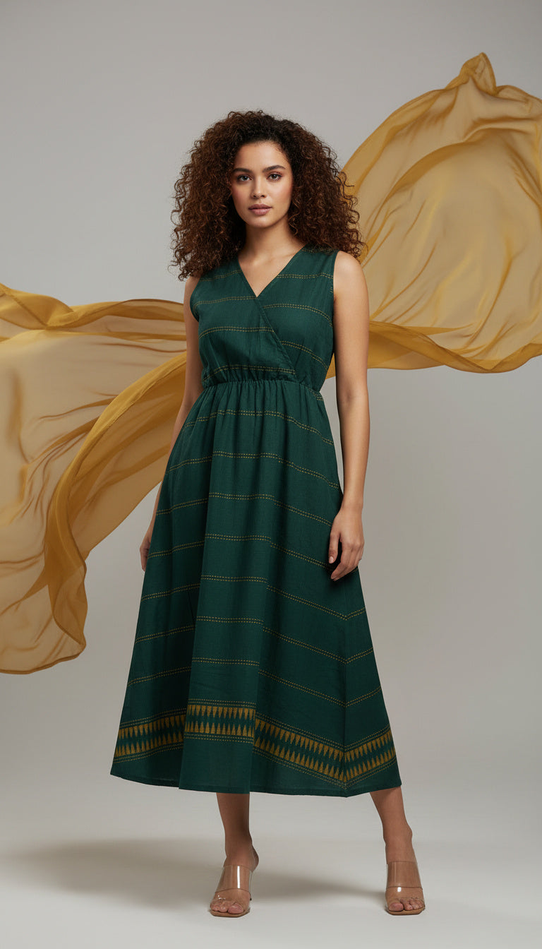 Emerald Green Handloom Wrap Midi Dress Indyvarna Emerald Green Handloom Wrap Midi Dress Indyvarna