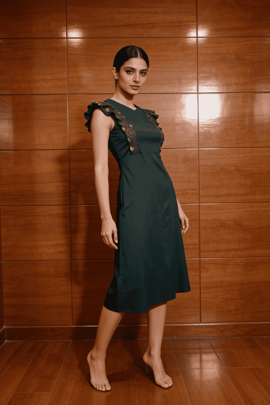 Bottle Green Embroidered A-Line Midi Dress