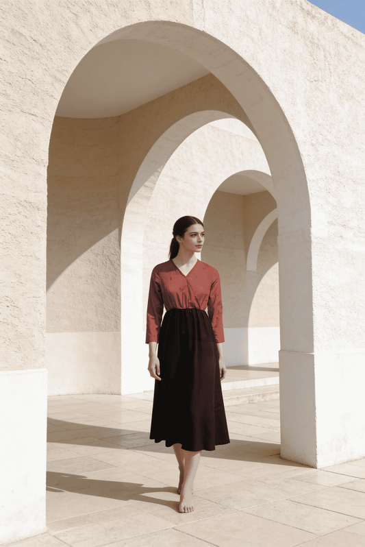 Black & Red Cotton Colorblock Midi Dress