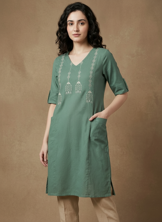 Sage Green Handcrafted Motif Cotton Kurta