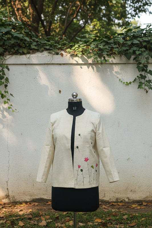 Open Front Cotton Blazer-White Beige Hand painted