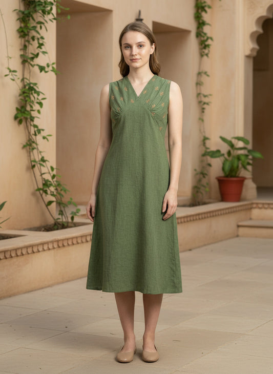 Indyvarna VEDA Handcrafted Cotton Dress- Moss Green