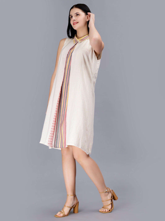 Women's Off White Printed Cotton A-Line Midi Dress - Casual Sleeveless Hook and Eye Closure