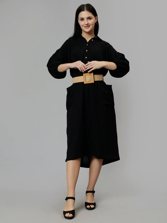 Women's Black Cotton Solid A-Line Midi Dress - Casual Three-Quarter Sleeves Button Closure