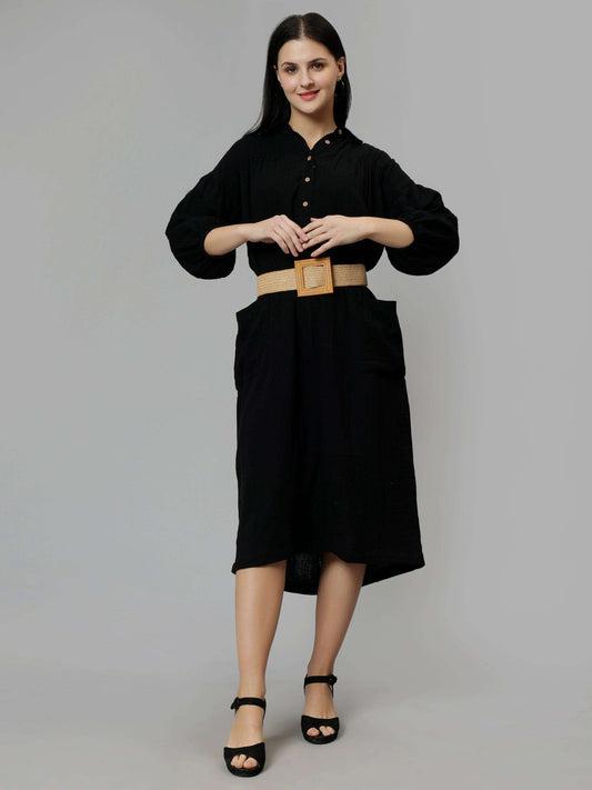 Black Cotton Solid A-Line Midi Dress