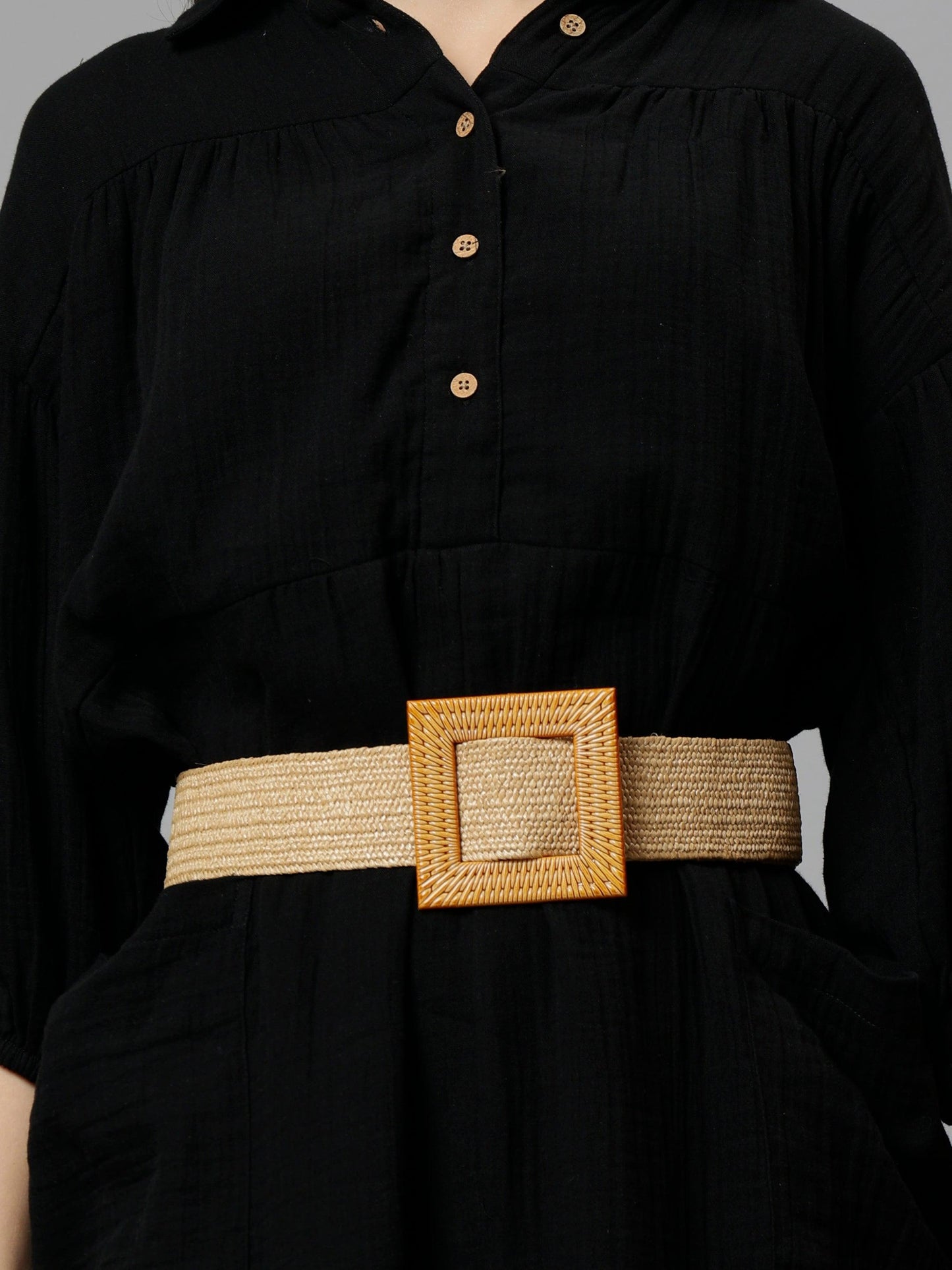 Women's Black Cotton Solid A-Line Midi Dress - Casual Three-Quarter Sleeves Button Closure
