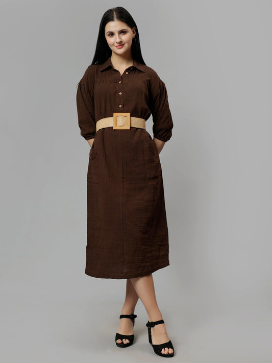 Women's Brown Cotton Solid A-Line Midi Dress - Casual Three-Quarter Sleeves Button Closure