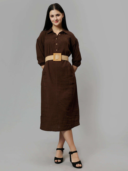 Brown Cotton Solid A-Line Midi Dress