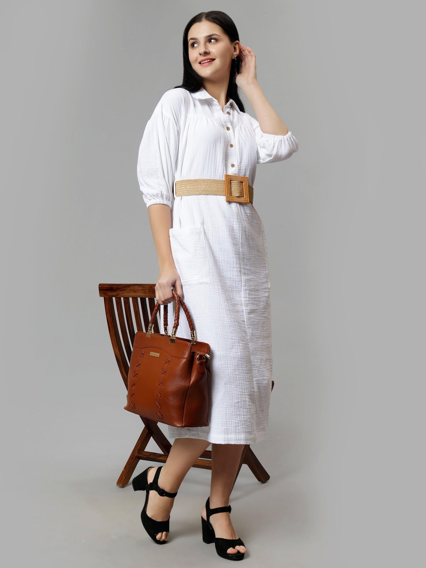 Women's White Solid A-Line Midi Dress - Casual Three-Quarter Sleeves Button Closure