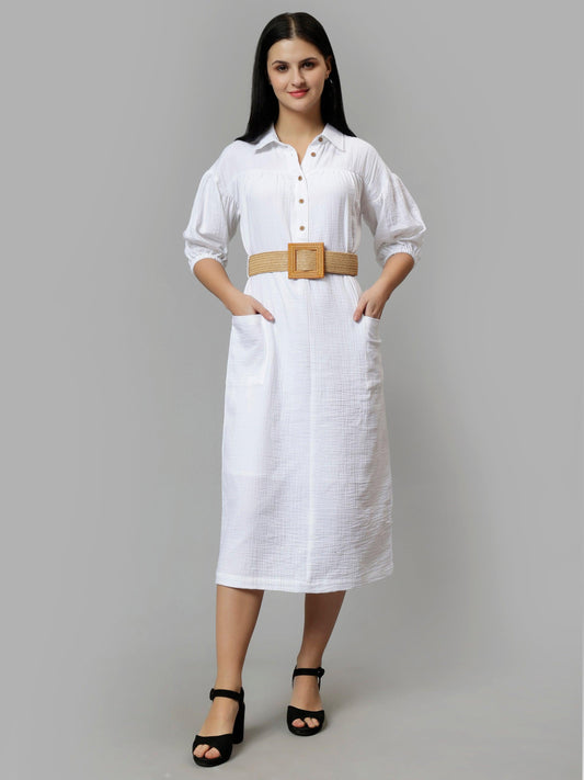 Women's White Solid A-Line Midi Dress - Casual Three-Quarter Sleeves Button Closure