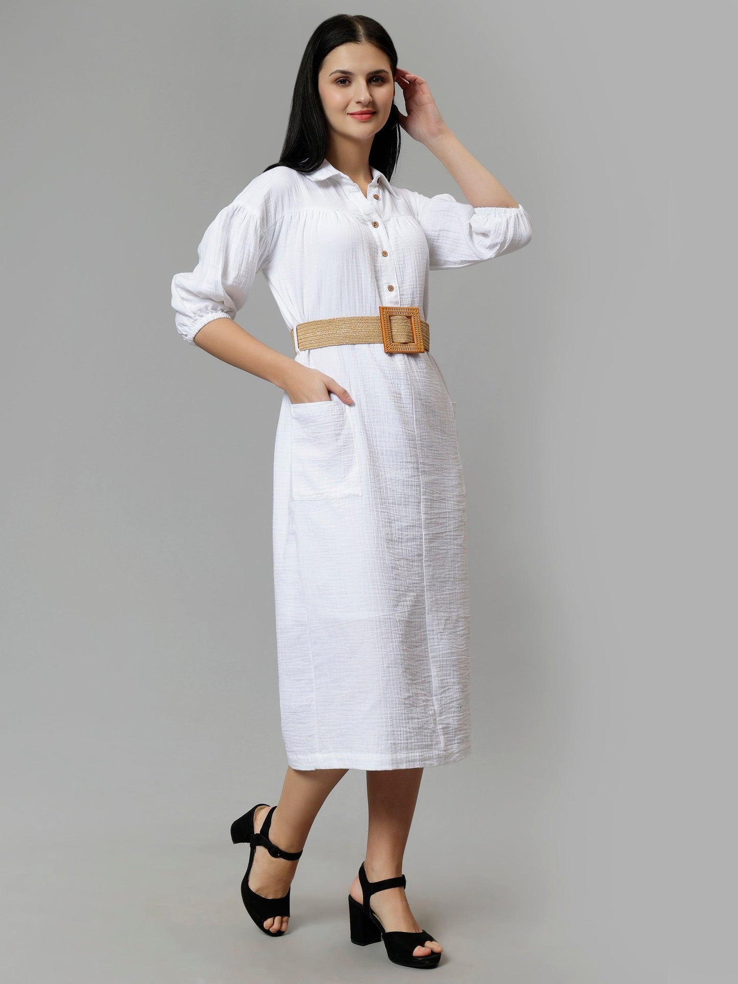 Women's White Solid A-Line Midi Dress - Casual Three-Quarter Sleeves Button Closure