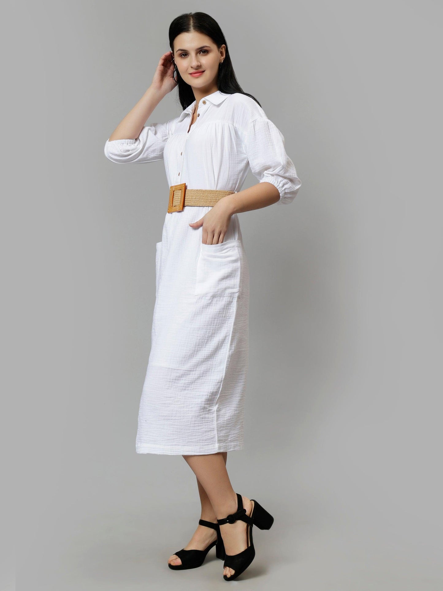 Women's White Solid A-Line Midi Dress - Casual Three-Quarter Sleeves Button Closure