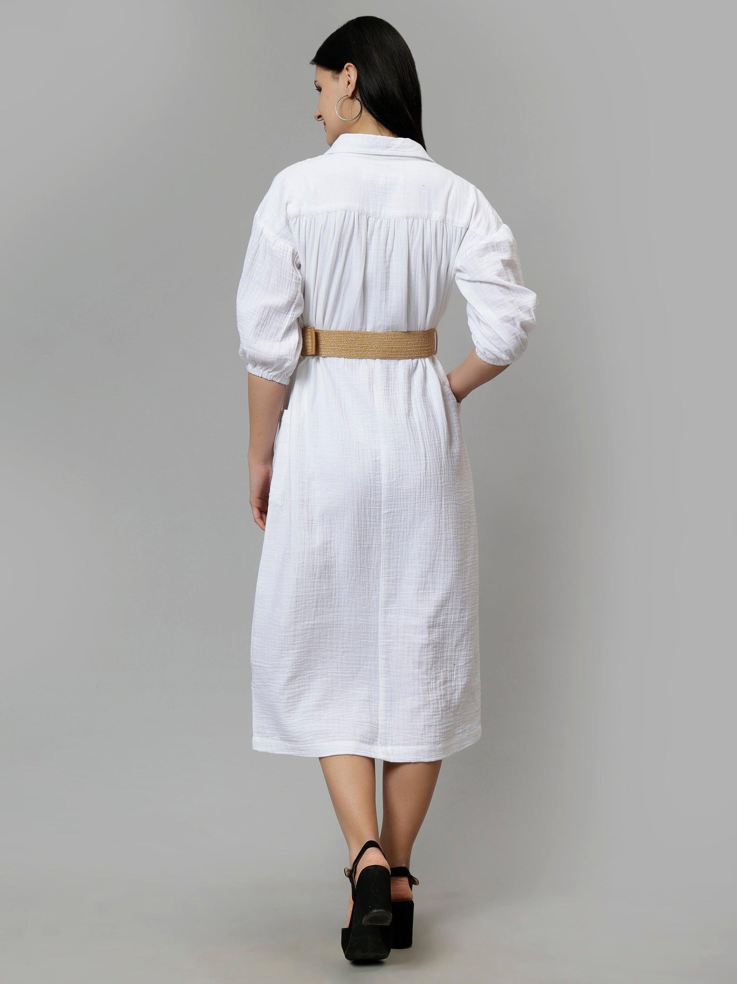 Women's White Solid A-Line Midi Dress - Casual Three-Quarter Sleeves Button Closure