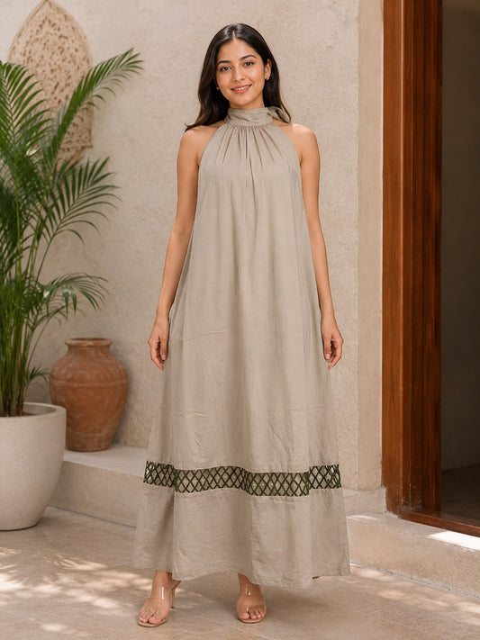 Beige Mulmul Cutwork Halter Neck Dress