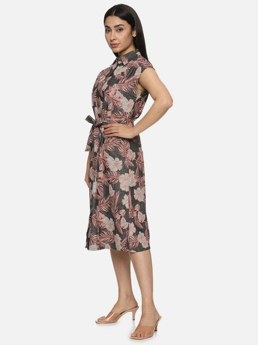 Tropical Printed Denim Dress