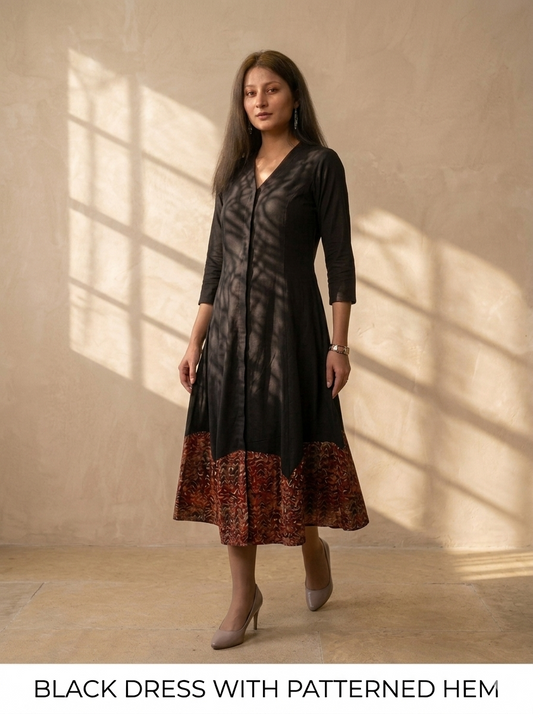 Hand-Loomed Kalamkari Hem Cotton A-Line Midi Dress in Black