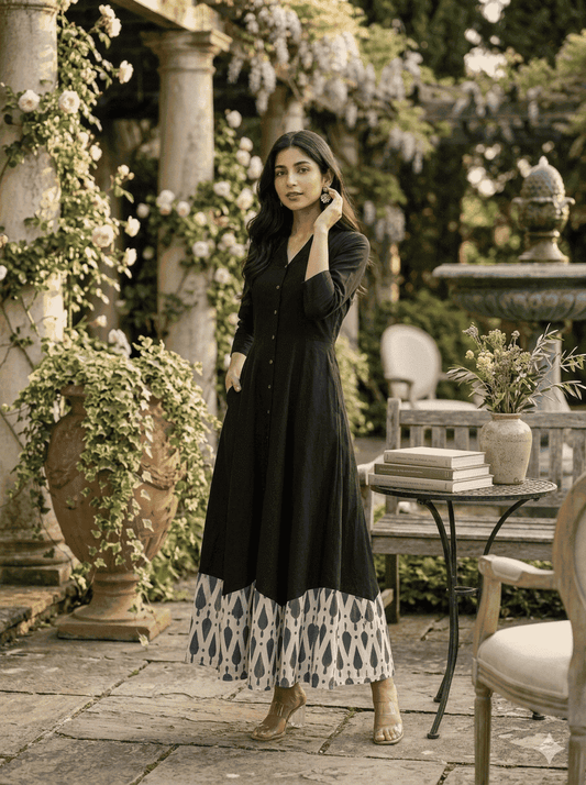 Hand-Loomed Indigo Hem Cotton A-Line Midi Dress in Black