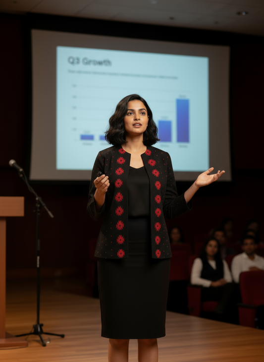 Rich Black with Red Motifs Open Front Cotton Blazer – Rekha Edition