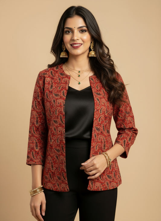 Red Ajrak Block Print Open Front Cotton Blazer