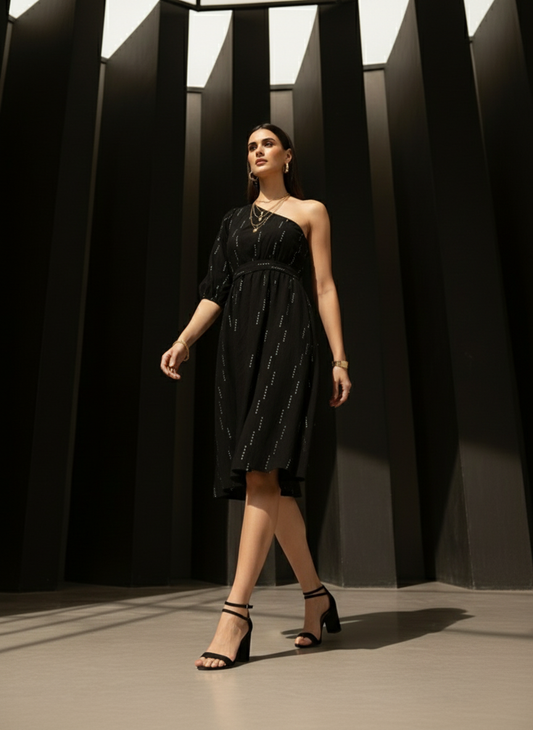 Selene One-Shoulder Black Midi Dress
