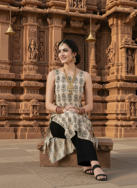PRAMITI Side-Slit Cotton Kurta – Sand Beige & Black Kalamkari