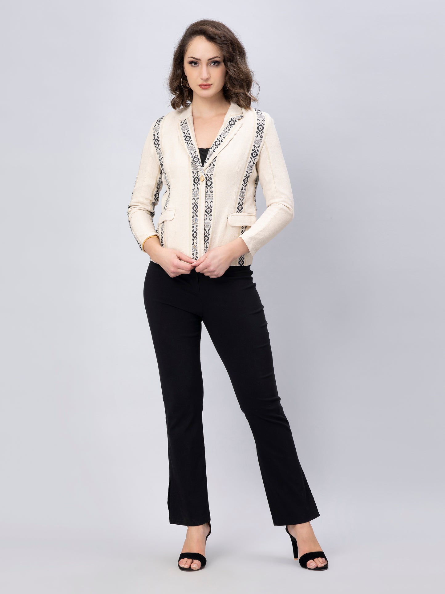 A pretty lady in Elephant Print Mul Cotton Blouse, a office wear for women