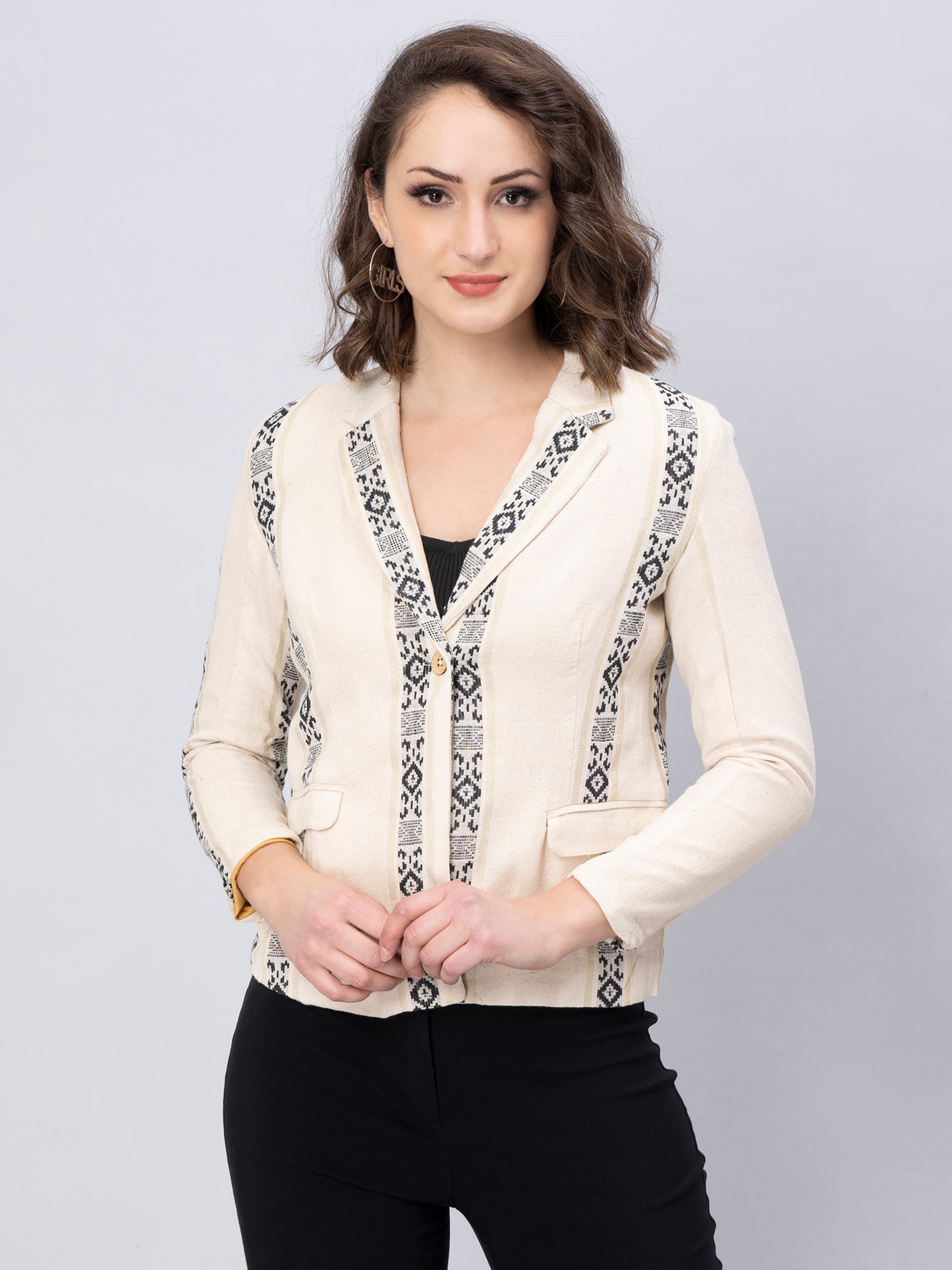 A zoomed version Elegant Black And White Blazer In Jute Cotton, womens workwear standing against a grey background