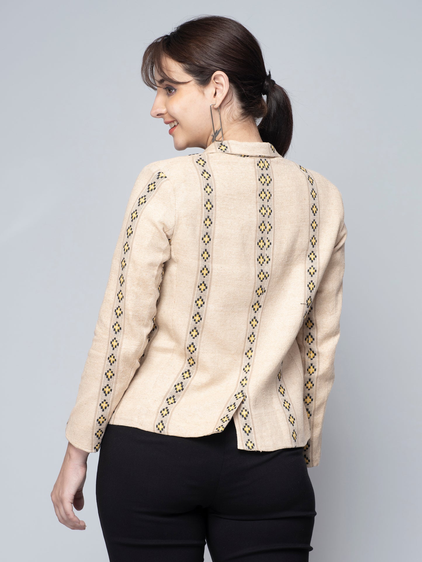 The view from back of Beige & Yellow Jute Blazer, formal office wear for women