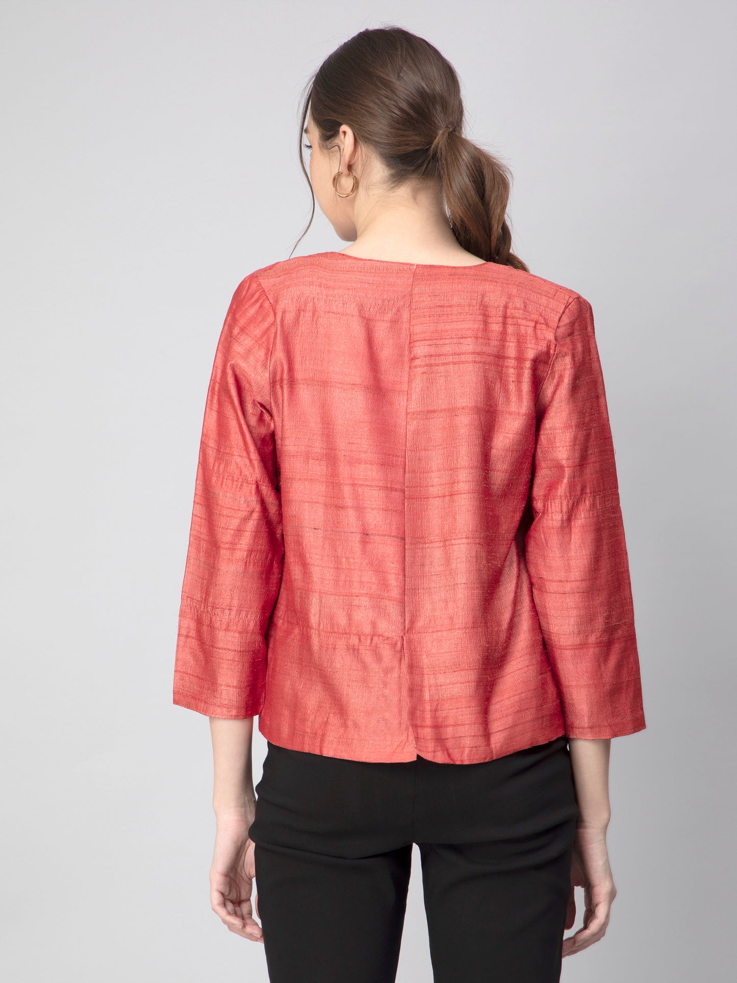 The view from back of Earthy RED Pure Tussar Blazer, formal office wear for women