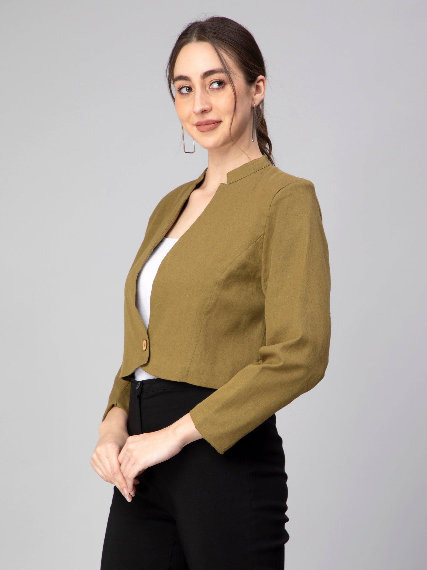 A pretty lady in Green Blazer In Pure Cotton, a office wear for women