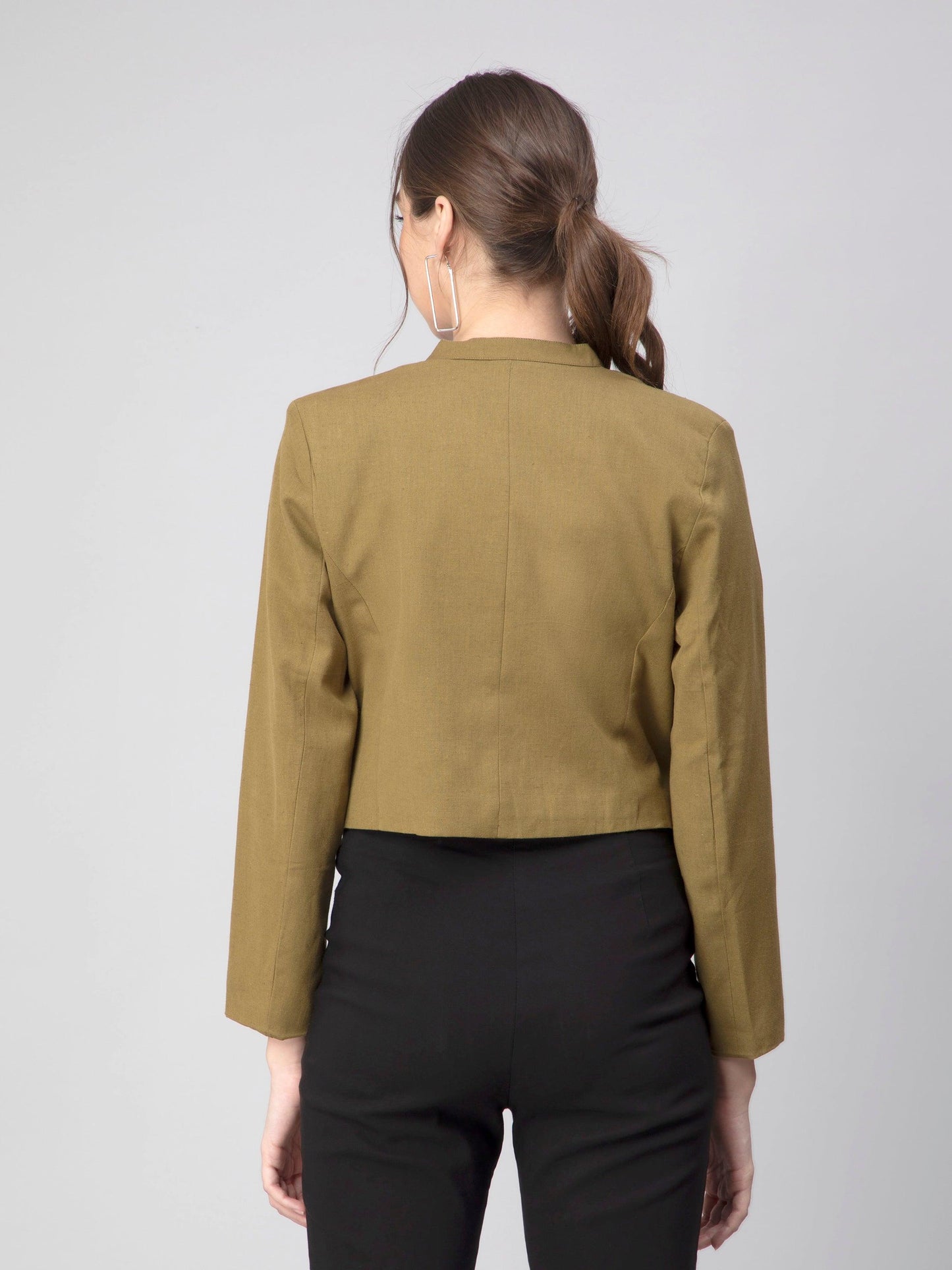 The view from back of Green Blazer In Pure Cotton, formal office wear for women