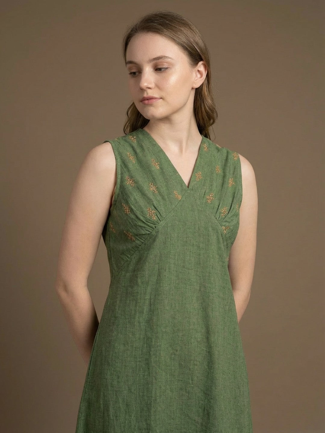 Indyvarna VEDA Handcrafted Cotton Dress- Moss Green